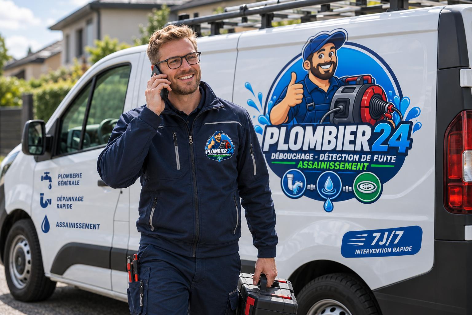 Technicien Plombier24 au téléphone, devant le camion d’intervention
